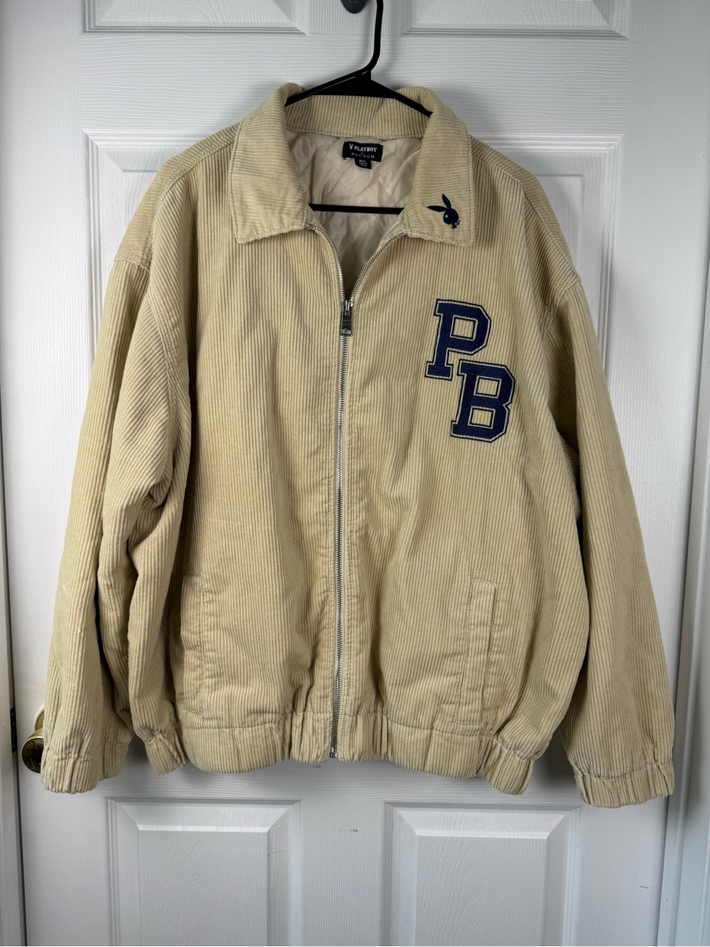 PacSun Beige Corduroy Bomber Jacket with Navy 'PB' Applique